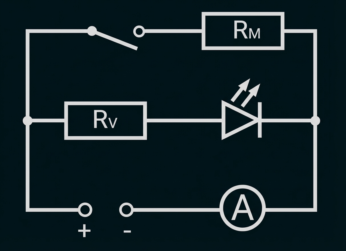 Einfacher Schaltplan: LED mit zwei Widerständen, Schalter, Amperemeter und Batterie.
